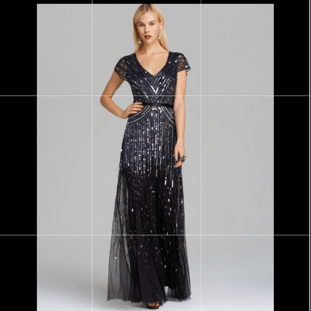 Adrianna Papell gown, navy-blue w silver sequins